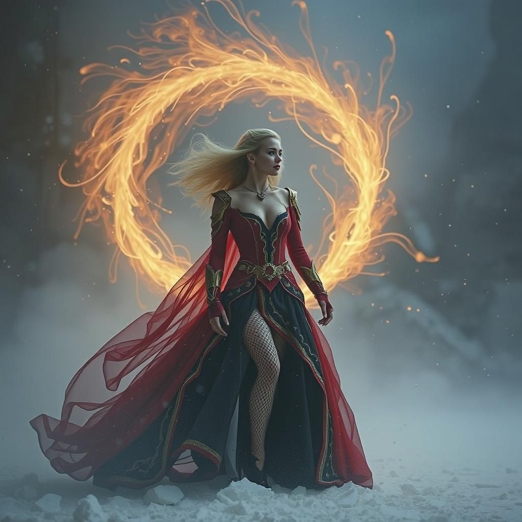 Goddess of Fire in Sleek Dress, Golden Light