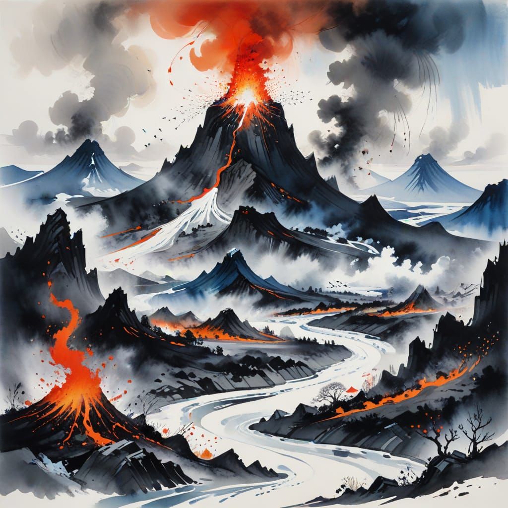 Icelandic Volcano in Ink Wash Painting