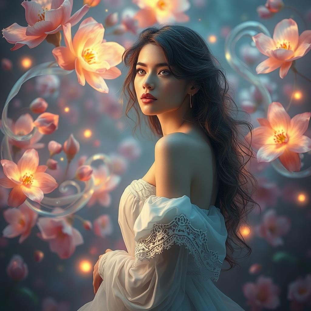 Ethereal Woman Surrounded by Blooming Illusions