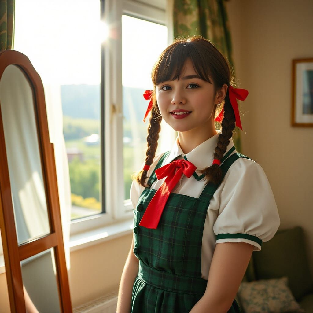 Cinematic Portrait of Girl in Green School Uniform