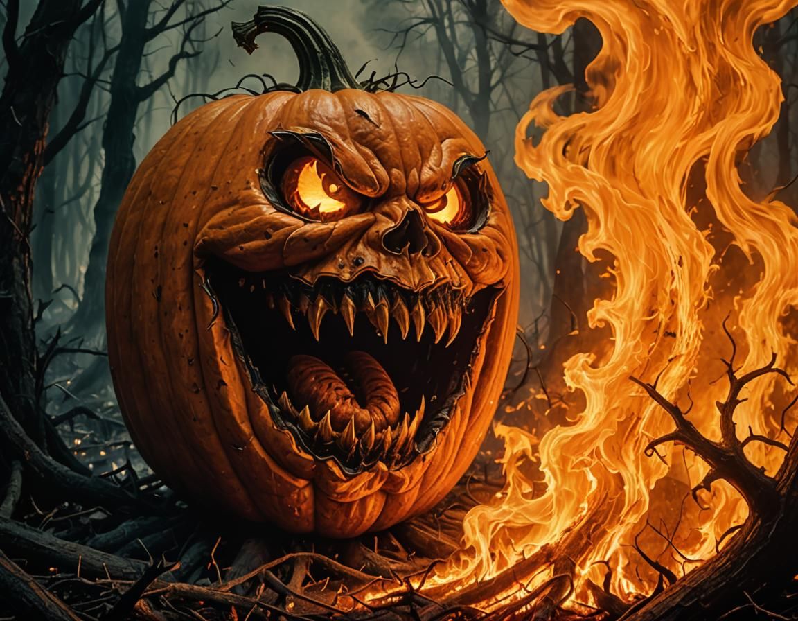 Hellish Pumpkin Portrait in a Surrealist Forest Fire