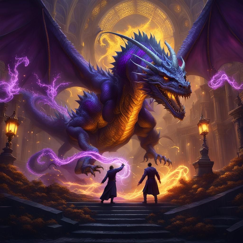 Magicians Defending Against Dragon in Dark Fantasy Art