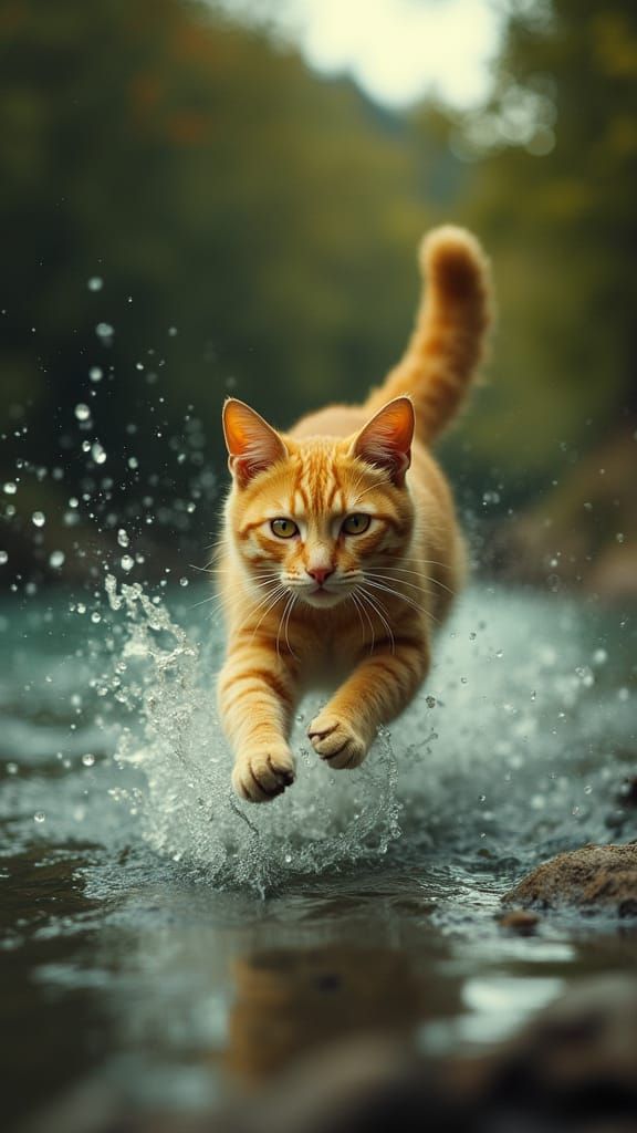 Bright Yellow Cat Leaps into Water in Cinematic Style