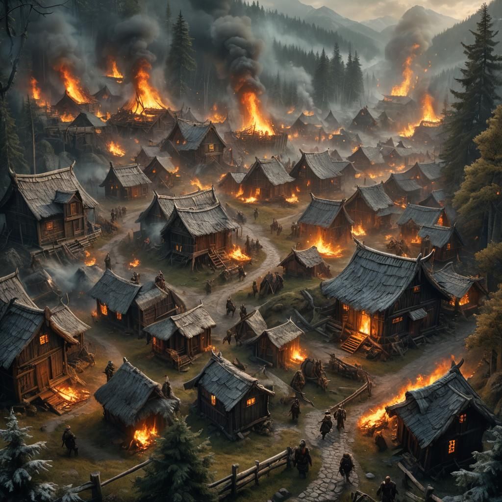 Vikings Raiding Forest Village: Cinematic Digital Painting