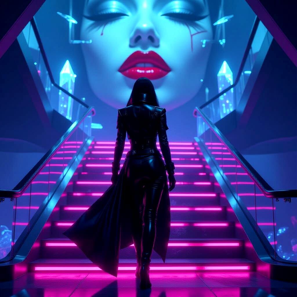 Cyberpunk Goddess Ascending Crystal Stairs