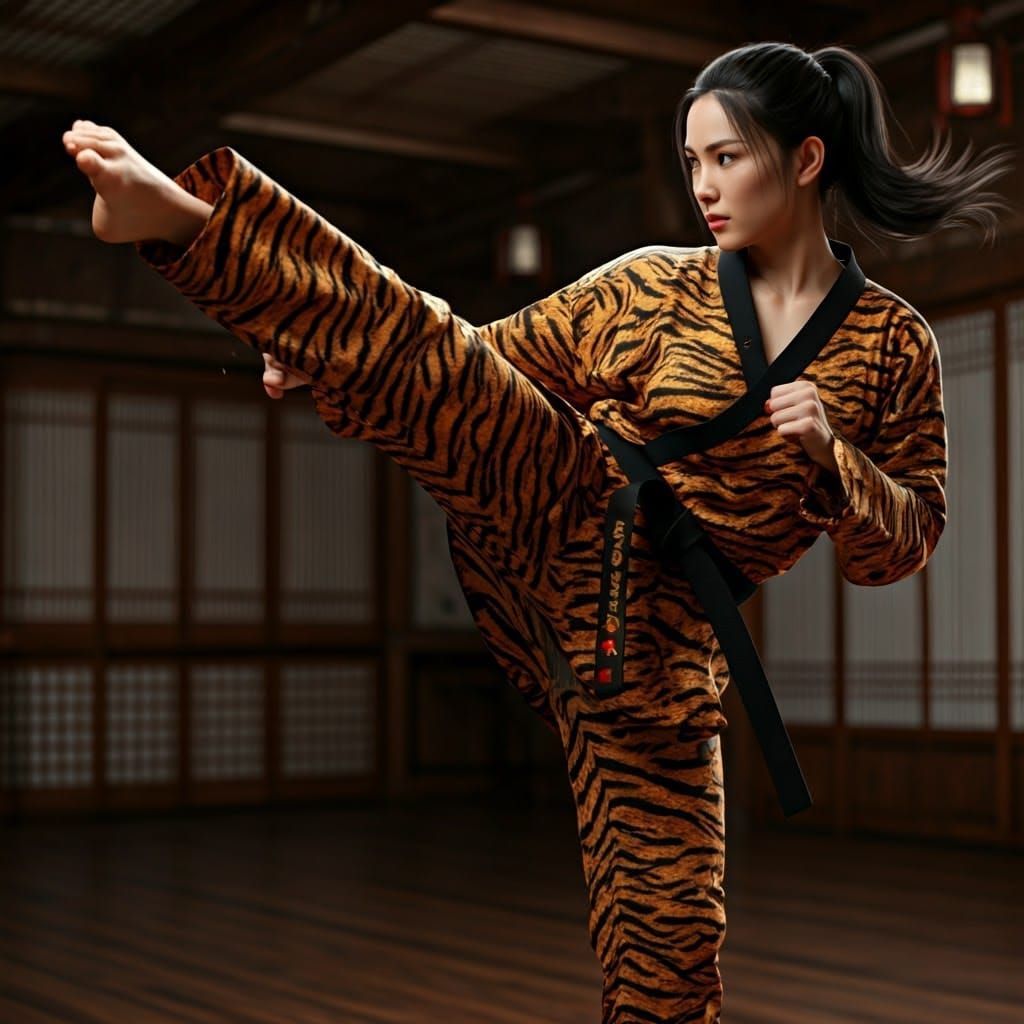 Elegant Korean Martial Artist in Traditional Tiger Skin Kara...