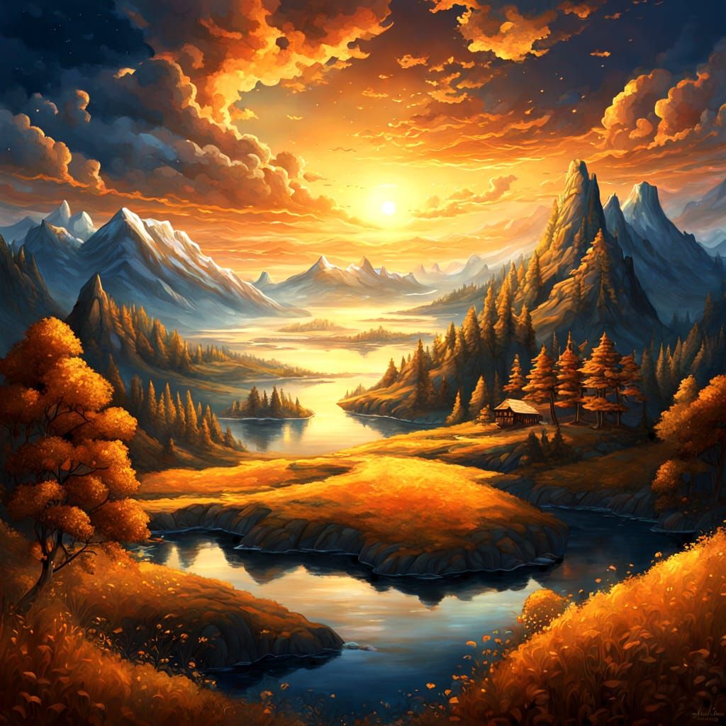 Golden Dreamscape in Whimsical Folkloric Style