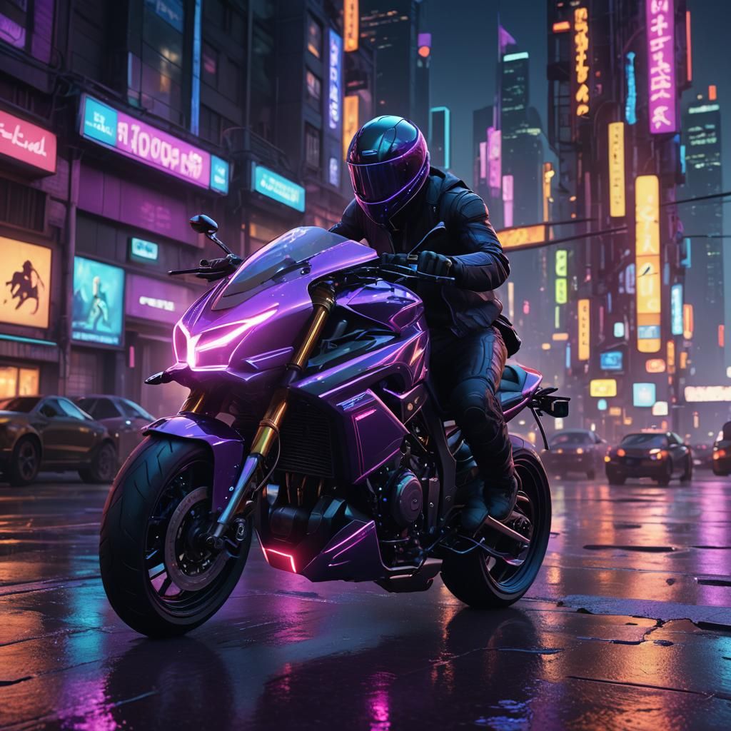 Futuristic Motorcycle Speeds Through Neon Cityscape
