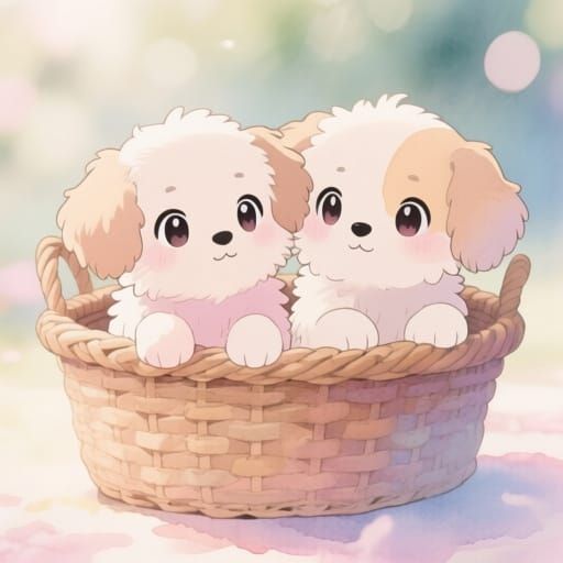 Adorable Kawaii Puppies in Basket, Anime Style