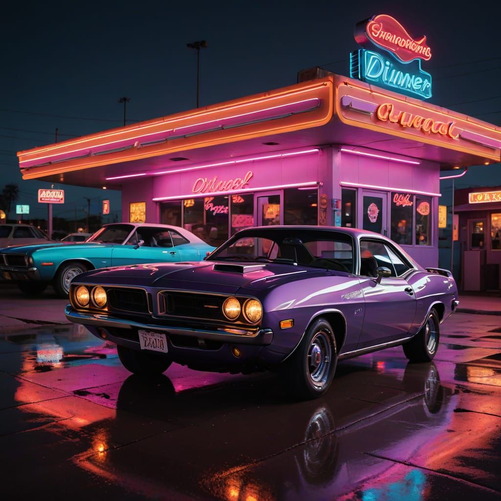 1970 Plymouth Barracuda at Retro-Futuristic Neon Diner