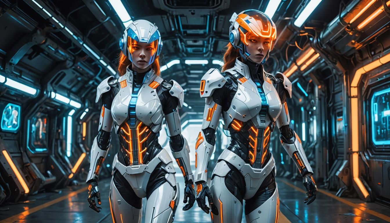 Cyborgs aboard a Space Dock Neon Themed