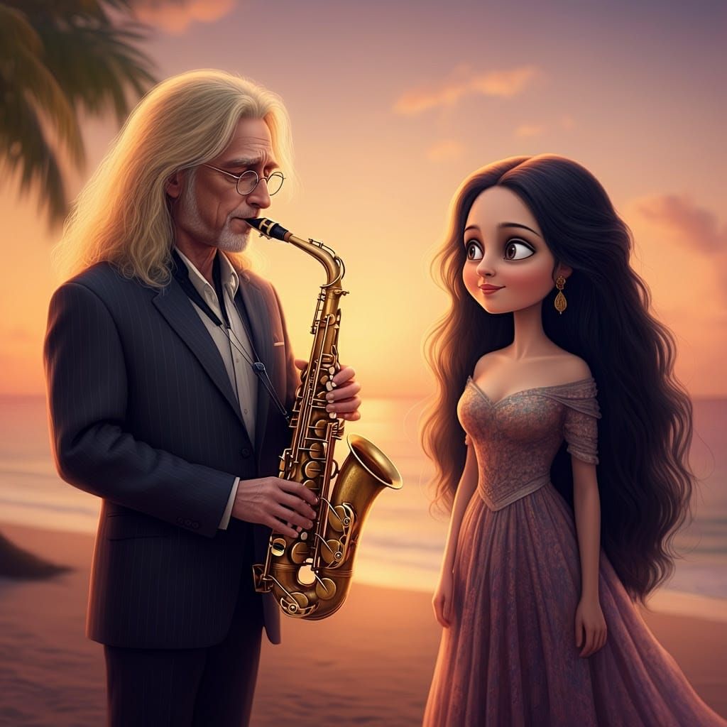 Romantic Sunset Moment at Piñones Beach in Whimsical Realism