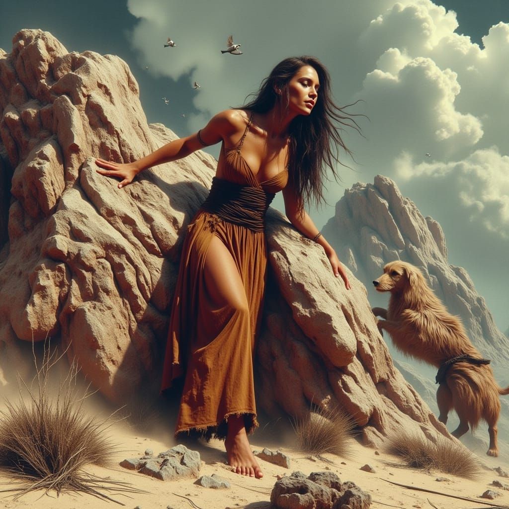 Wolves Watch Woman Bind Man in Desolate Land