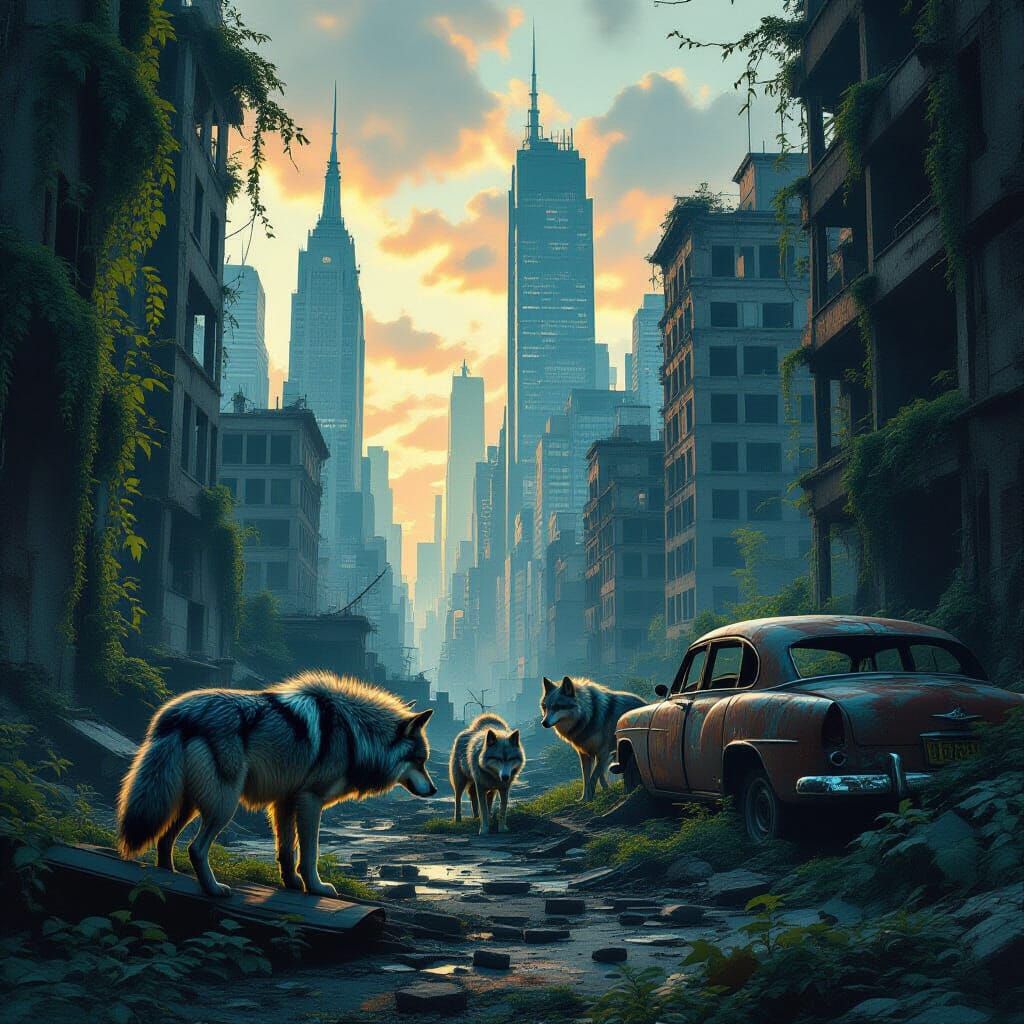 Wolves Hunt in Post-Apocalyptic Cityscape as Matte Painting