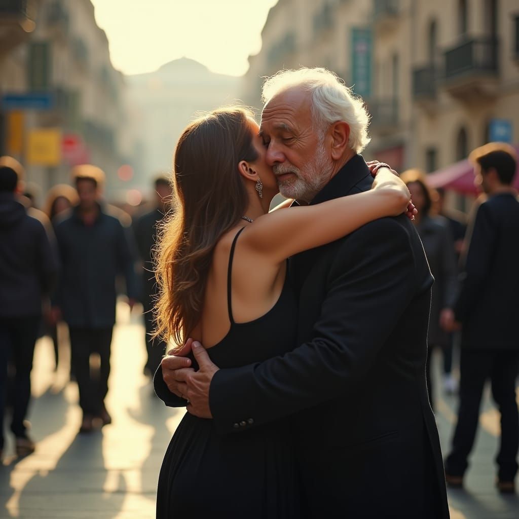 Elderly Man Embracing Woman in Bustling City Square