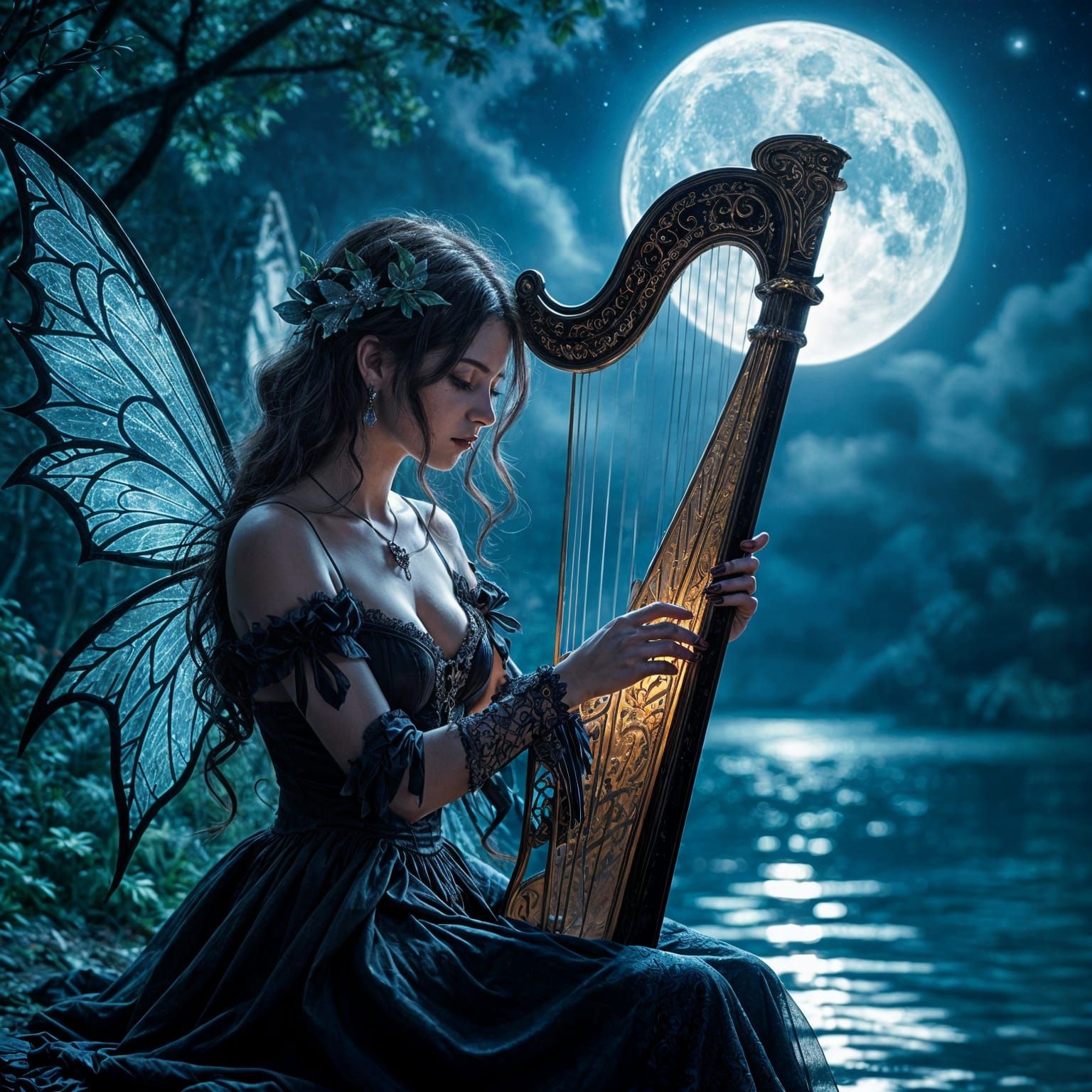 Enchanting Gothic Fairy Playing Harp in Moonlight
