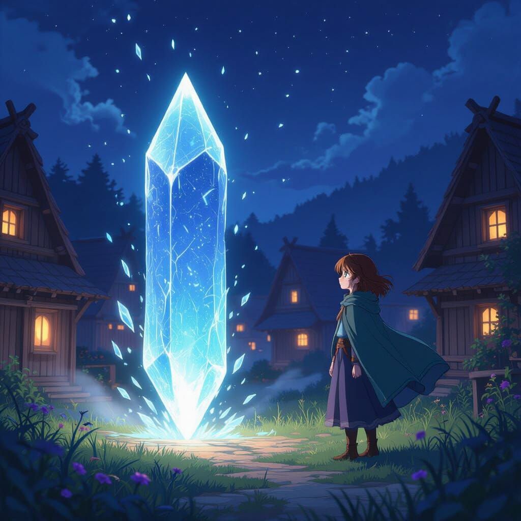 Magical Shard Illuminates Village in Anime Style