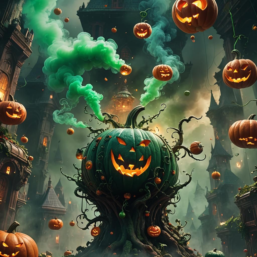 Tipping Pumpkin with Green Smoke, Fantasy Matte Painting