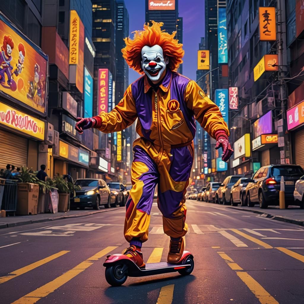 Clown Rides Scooter in Neon Cityscape