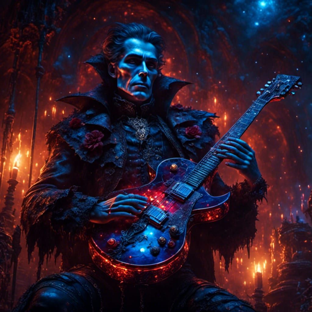 Dracula's Blue Guitar: A Hyperrealistic Oil Painting