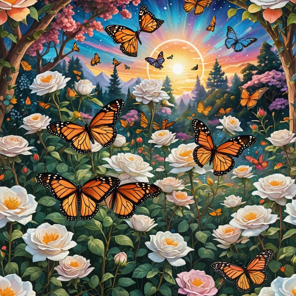 monarch butterflies, blooming white rose in a garden, colorf...