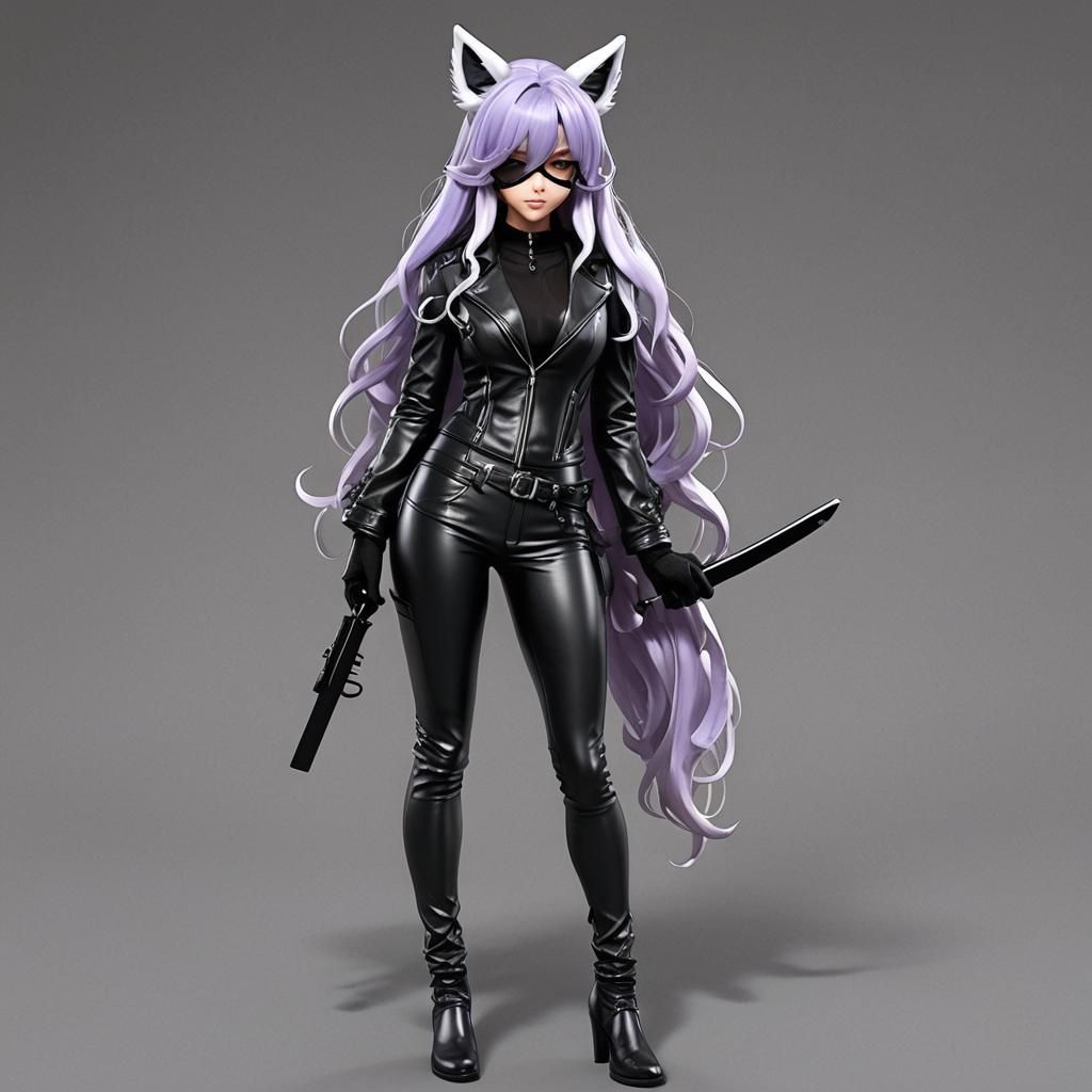 Anime Fox Girl in Black Leather: 3D Render