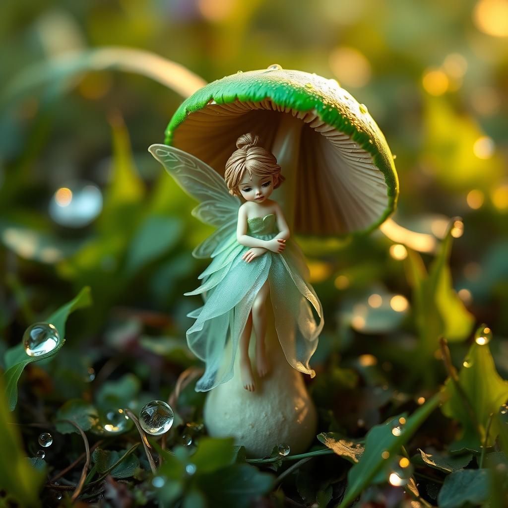Macro photography of a tiny fairy sitting on a mushroom. Dew...