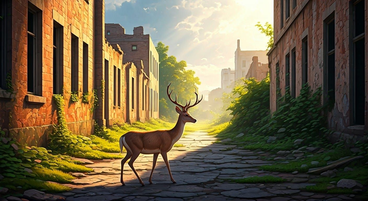 Deer in Desolate Cityscape: Oil Painting Aesthetic