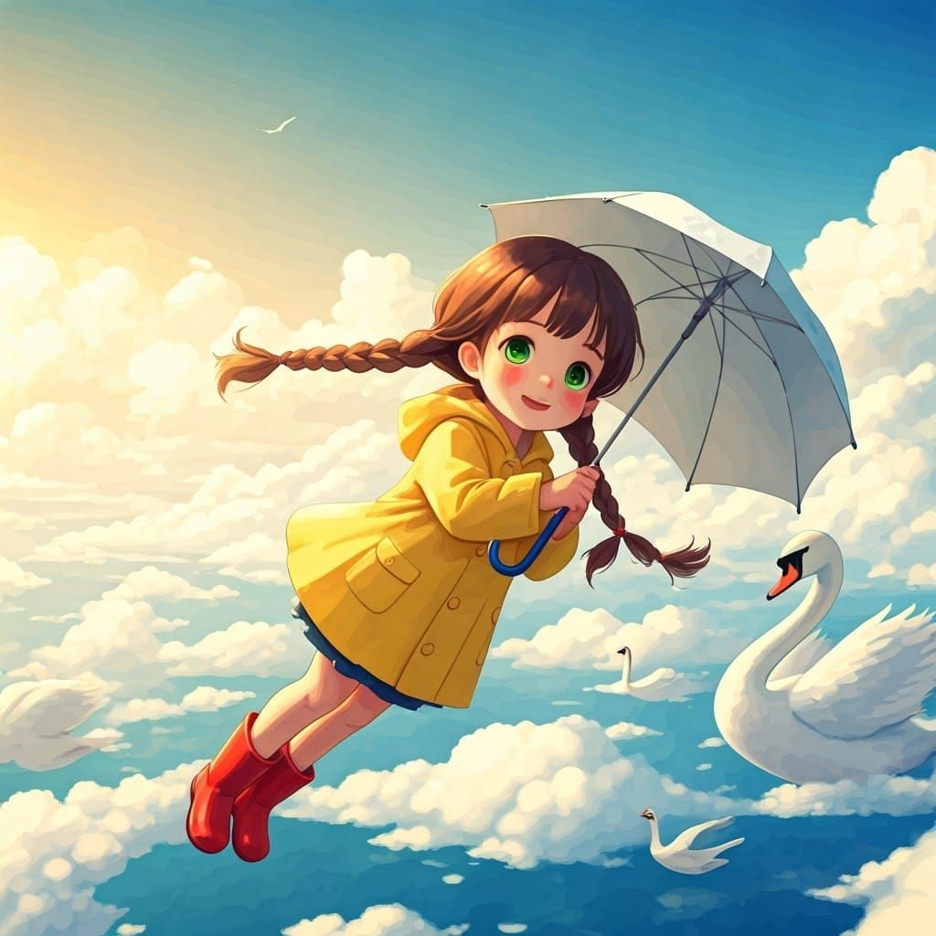 Whimsical Girl Soars on Umbrella with Majestic Swans