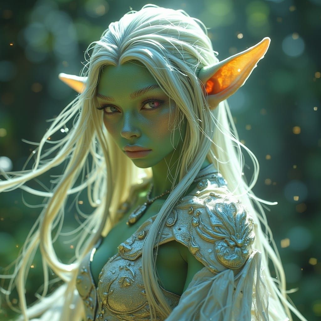 Mystical Elf-Half Orc with Shimmering Mint Green Skin and Ra...