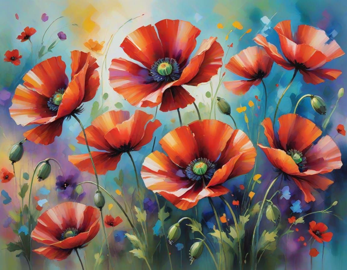 Impressionistic Red Poppy Flowers in Vibrant Bloom