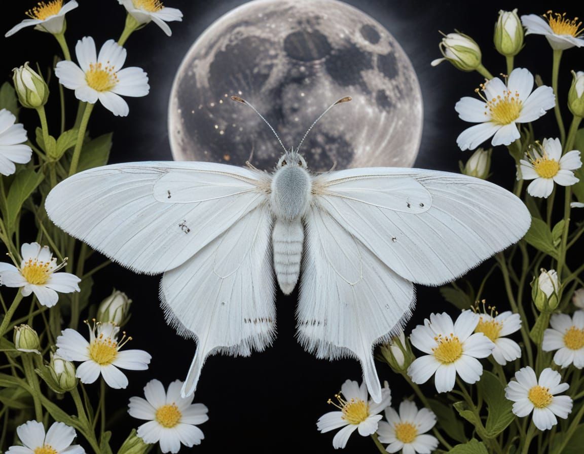 Ermine Moth Portrait Amid Moonlit Flowers
