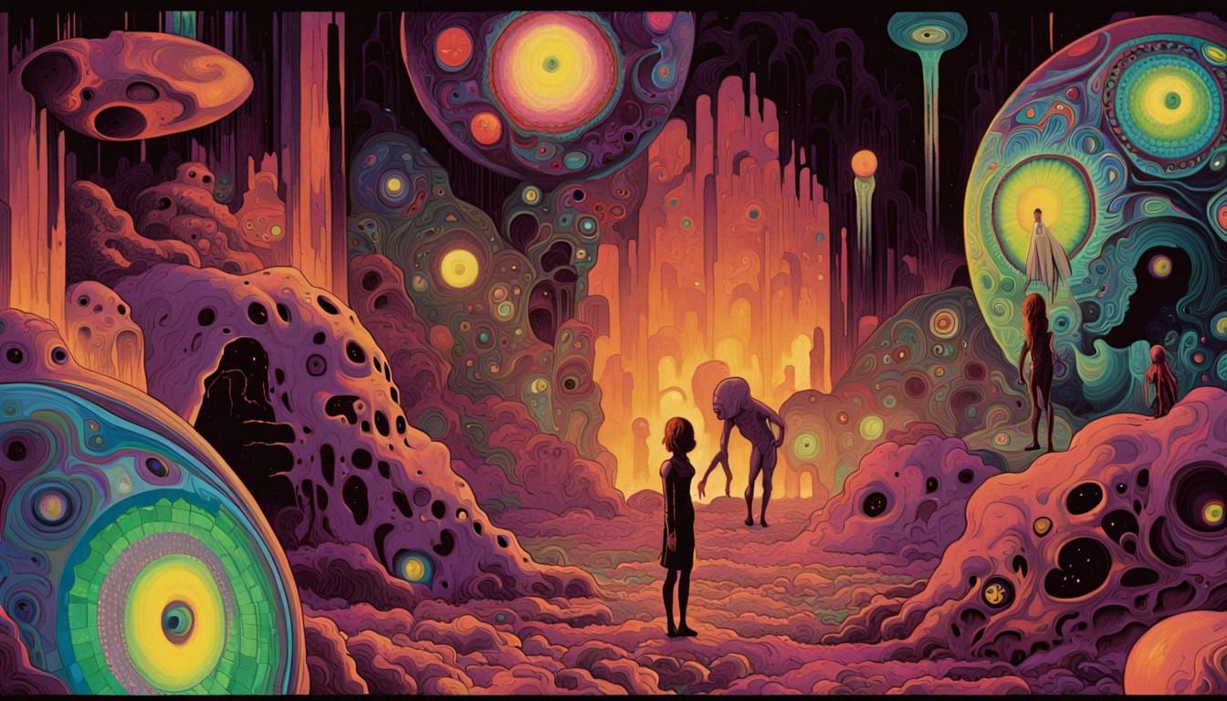 Two Aliens Explore 1973 Home in Surreal Psychedelic Art