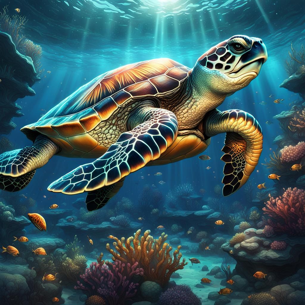 Underwater Sea Turtle in Cosmic Digital Art Style