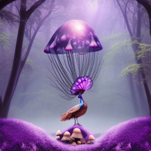 Dreamy Purple Forest with Peacock in Fantasy Art