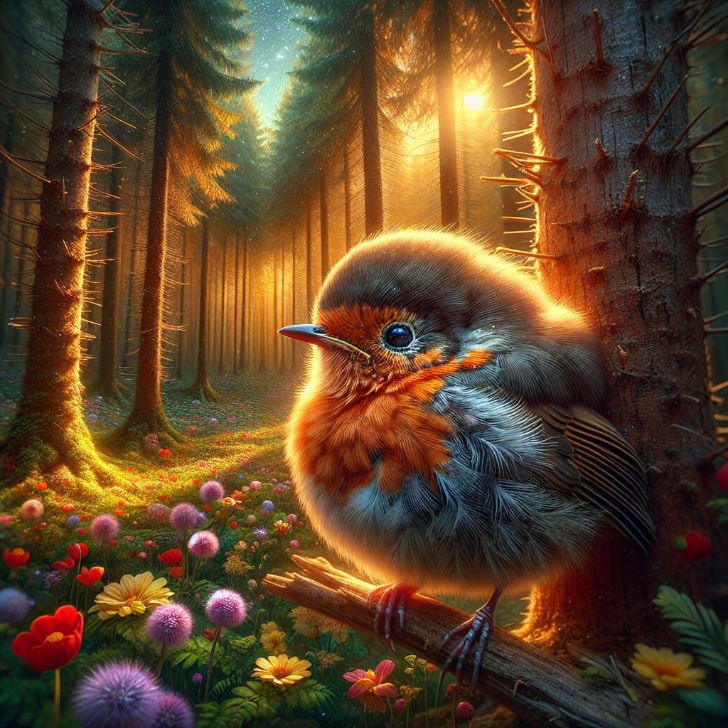 Hyperrealistic Robin Chick in Spring Forest