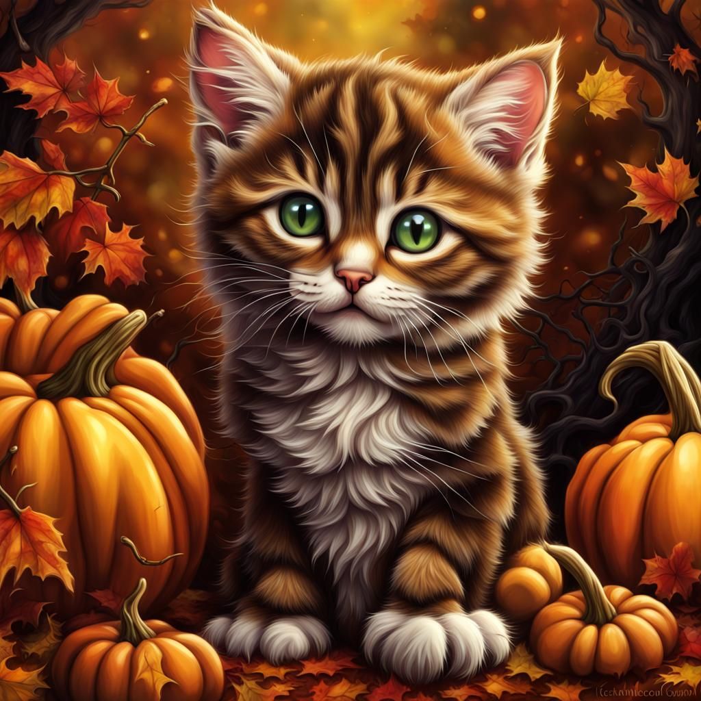 Halloween Kitten in Autumn Colors, Airbrush Art