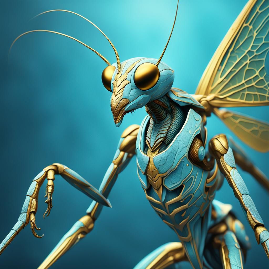 Orchid Mantis in Pale Blue and Gold Digital Painting