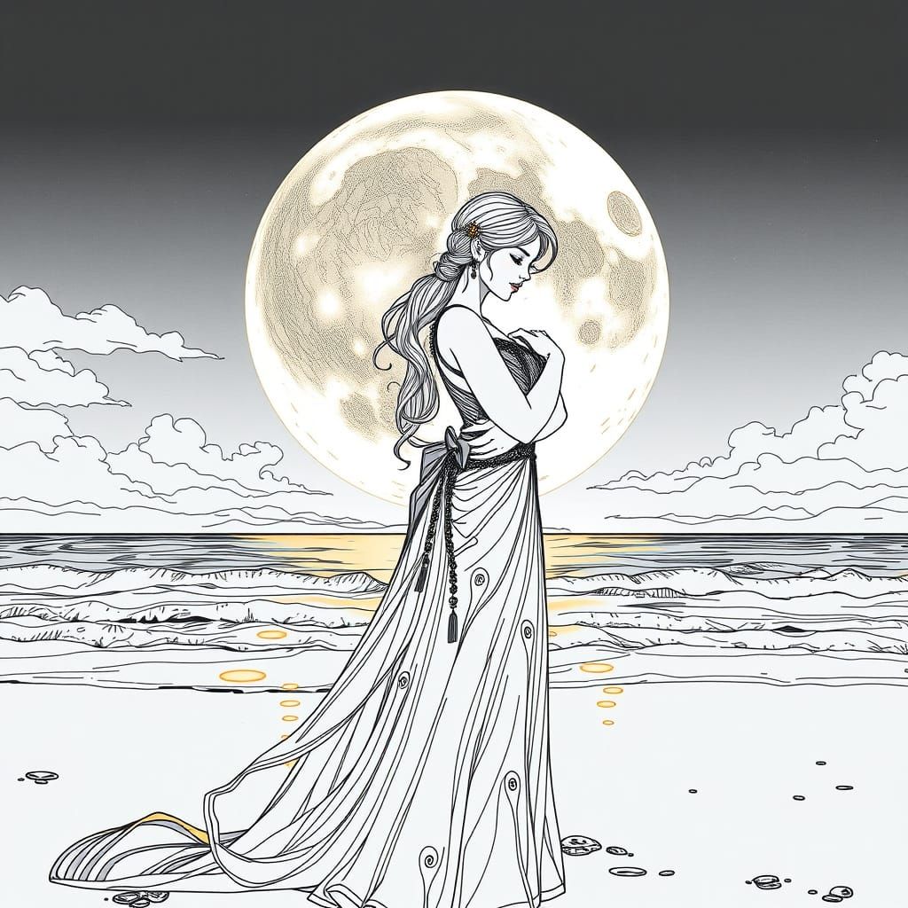 Couple Embracing Under Moon in Art Nouveau Style