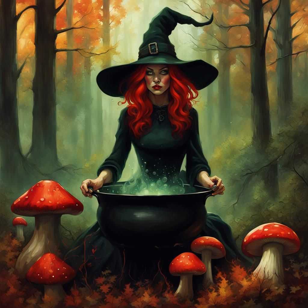 Woodland Witch Stirring Cauldron in Autumnal Light