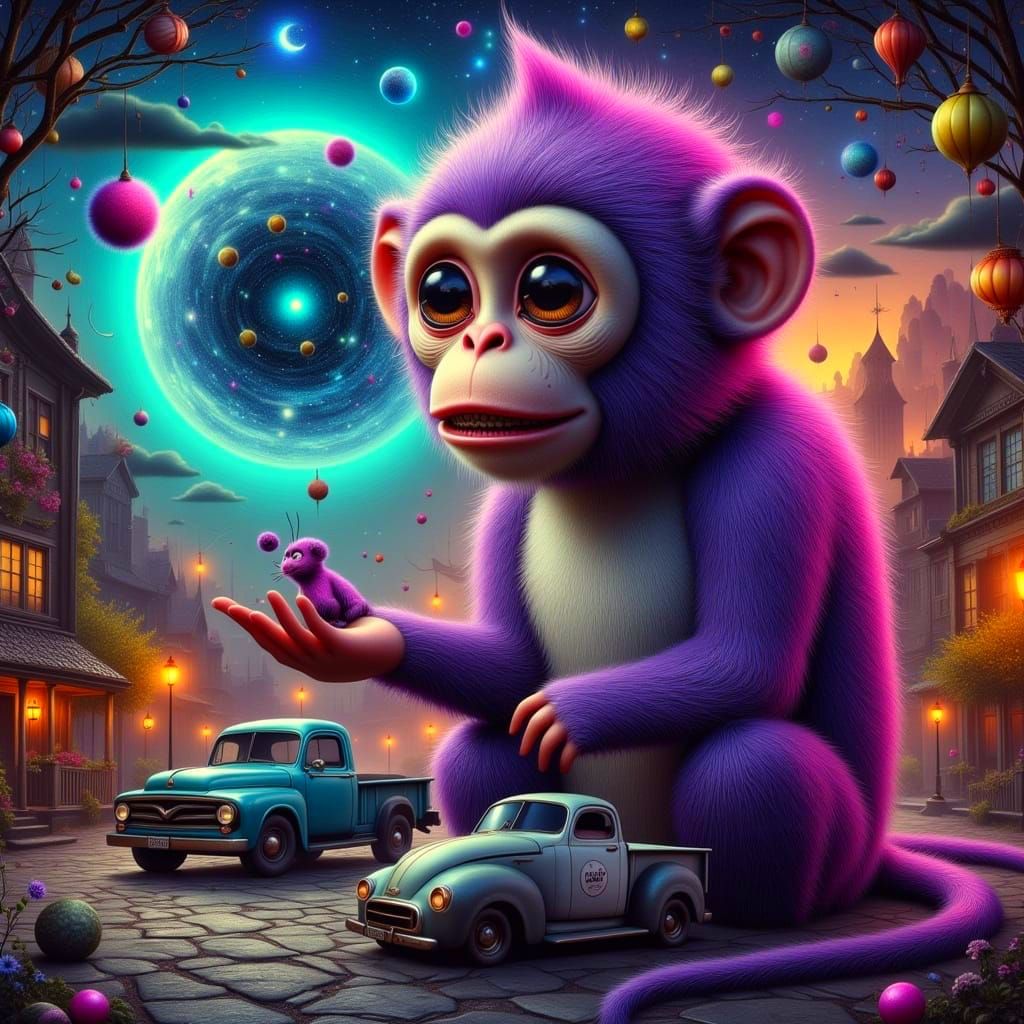 Gigantic Monkey Tenderly Holds Miniature 1950s Truck in Neon...