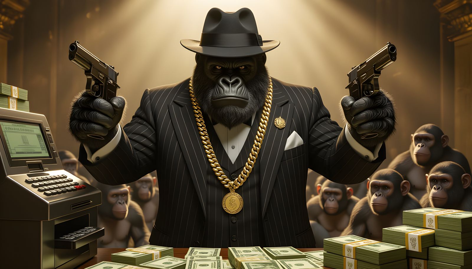 Gangster Gorilla With Money And Guns in Moody Cinematic Styl...