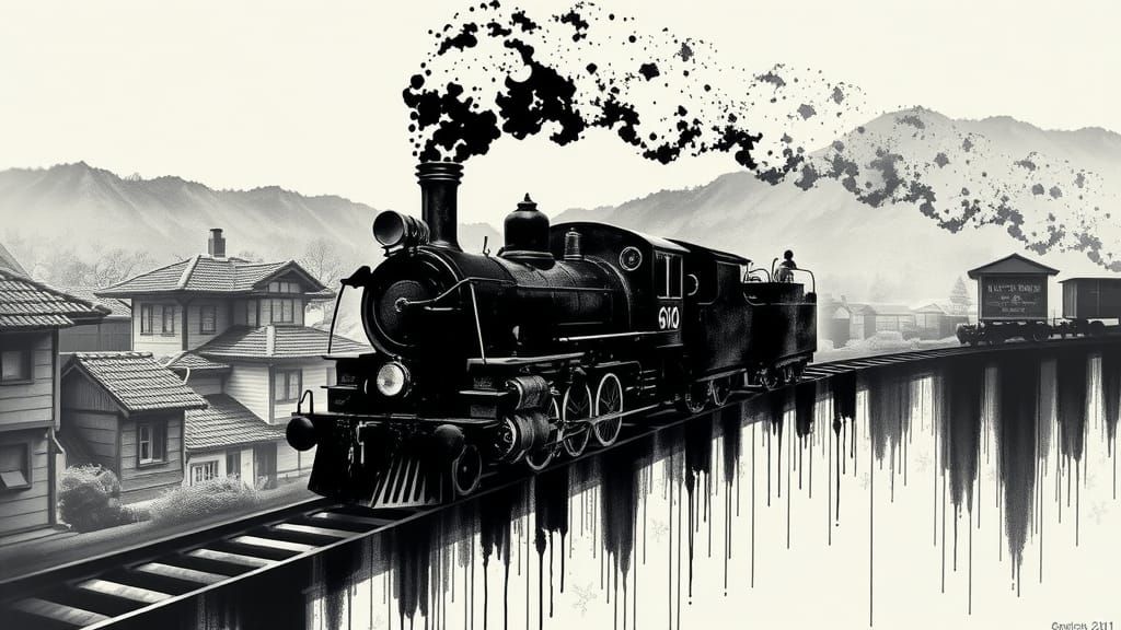 Minimalist Ink Train Through Japanese Village