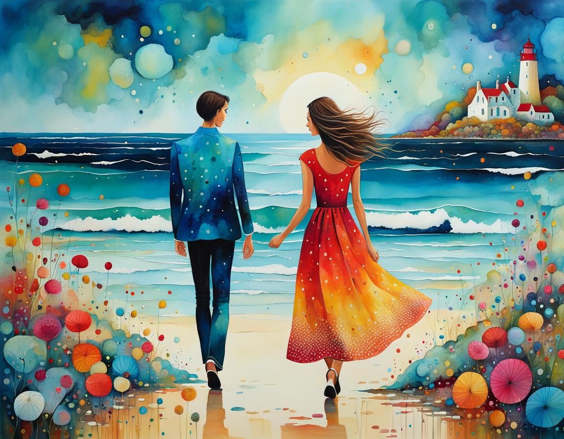 Seashore Walk: Surreal Whimsical Illustration with Cubist De...