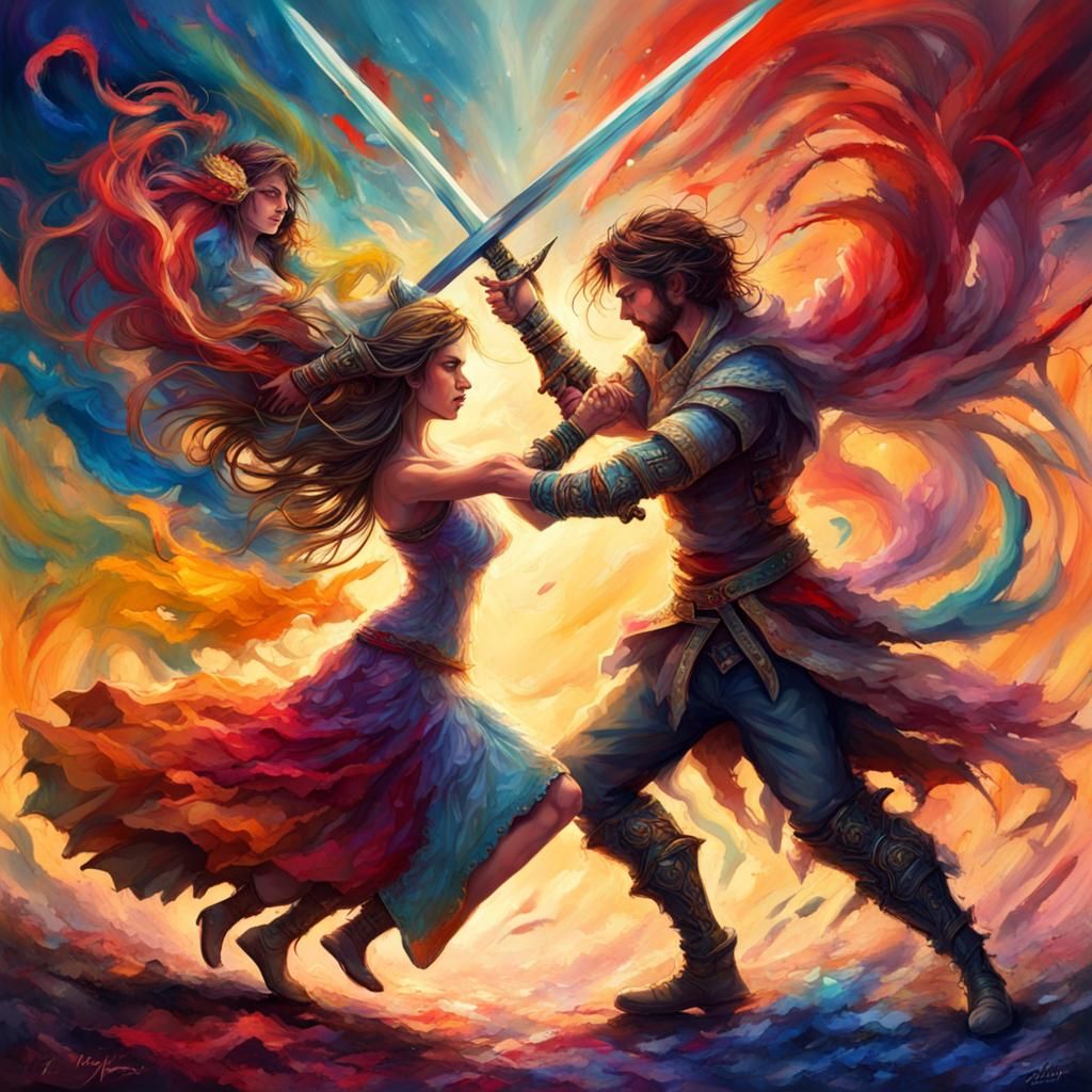 Fantasy Couple Play Fighting with Swords