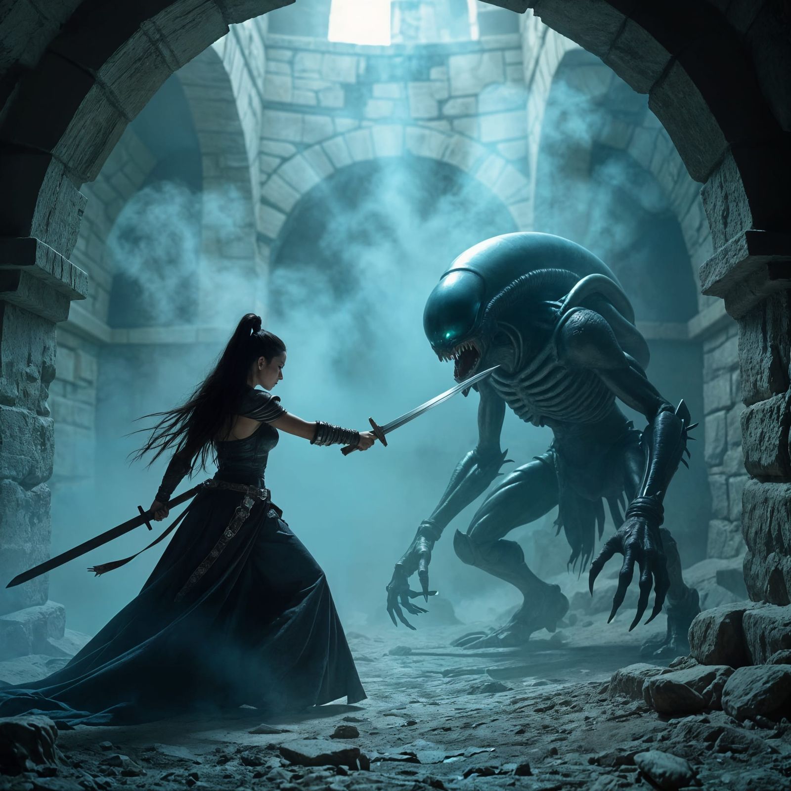 Warrior Princess Battles Horrid Creature in Dungeon