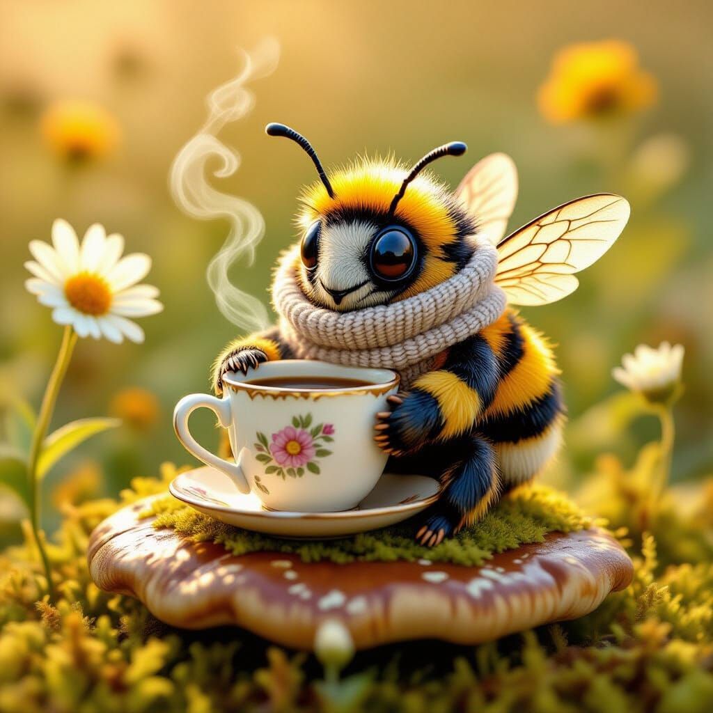 Sleepy Bumblebee with Mug in Whimsical Style