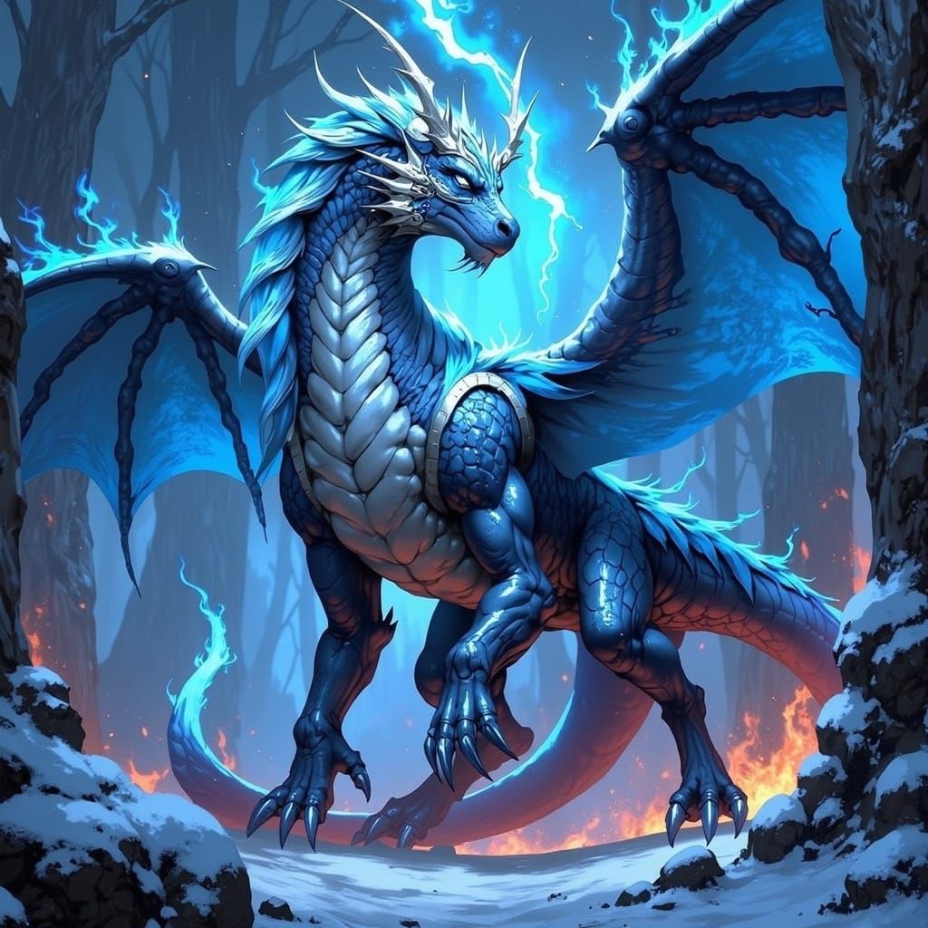 Frozen Dragon of the Mountains in Midnight Blue and Icy Silv...