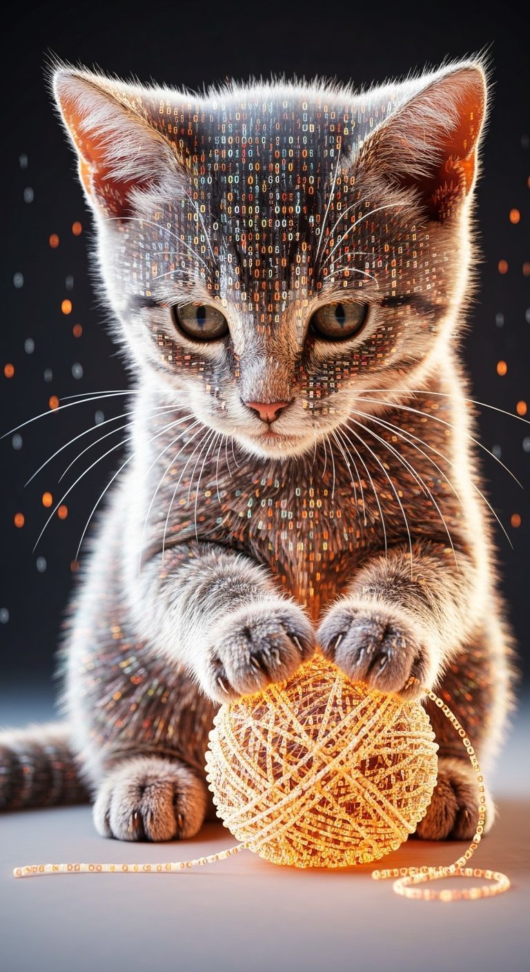 Adorable Binary Code Kitten Plays With Digital Yarn
