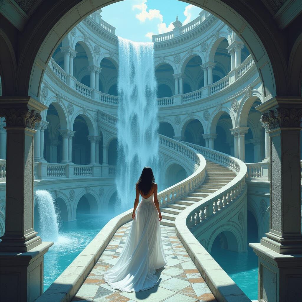 Escher-Inspired Labyrinth with Sideways Waterfall